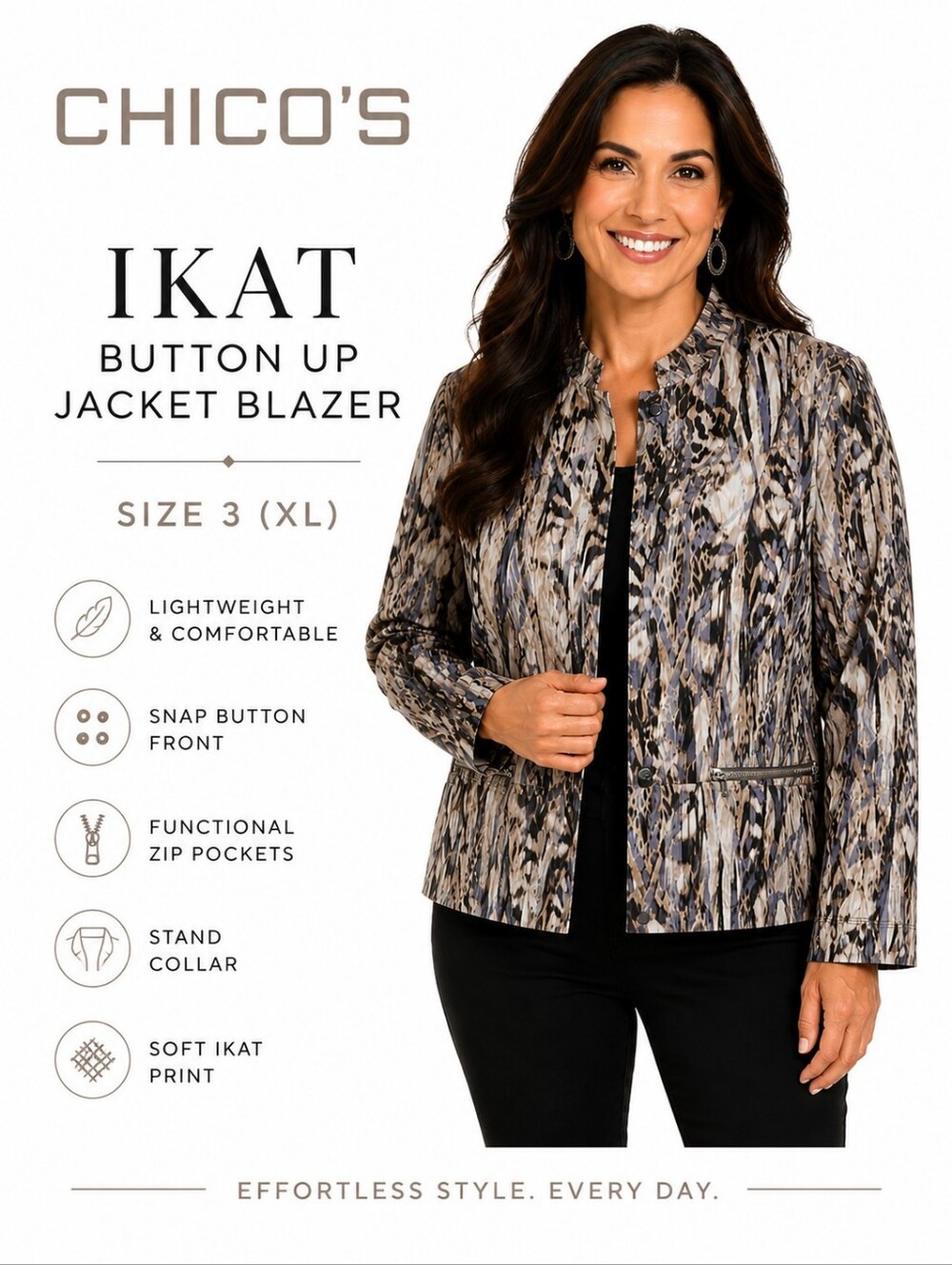 Chico's Women's IKAT Animal Print Utility Jacket Blazer | Zip Pocket Size XL